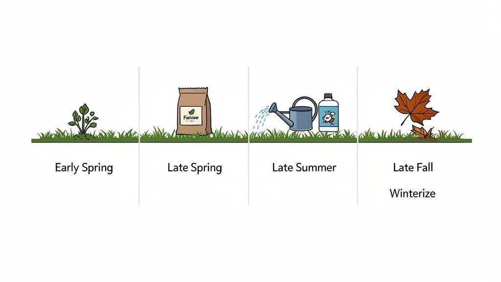 An illustrated guide to seasonal lawn care showing plant growth, fertilizing, watering, and fall leaves.
