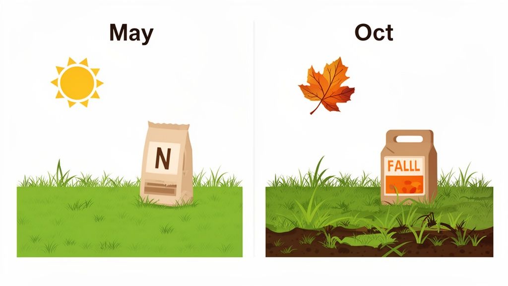 Two illustrations showing fertilizing grass in May with an 'N' bag and in October with a 'FALL' bag.