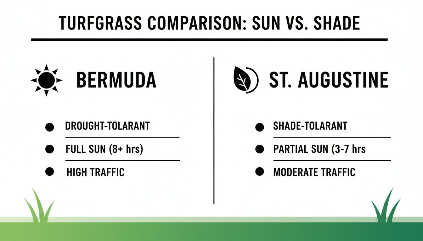 Comparison chart of Bermuda and St. Augustine turfgrass, detailing sun, shade, drought, and traffic tolerance.