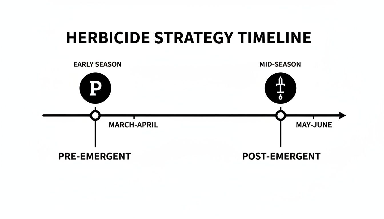 Herbicide strategy timeline showing pre-emergent in early season (March-April) and post-emergent in mid-season (May-June).