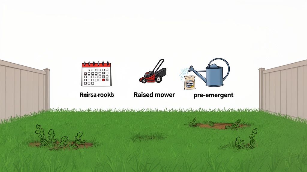 Cartoon showing three lawn care tips: calendar, raised mower, and pre-emergent for weed control.