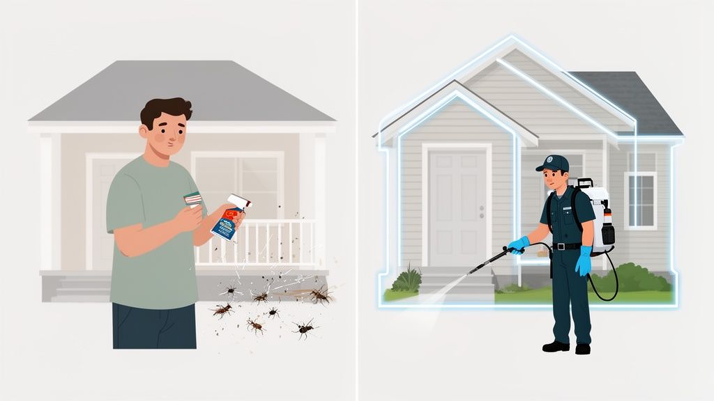 A split image showing DIY pest control versus professional bug spraying services for homes.