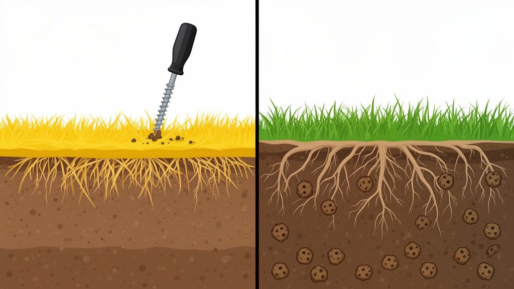 Diagram comparing dry, shallow grass roots with a screw and lush, deep roots with cookies.