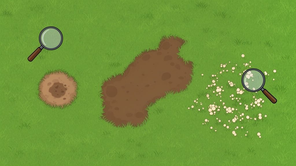 Overhead view of a grassy lawn with two magnifying glasses examining a dirt patch and white fungi.