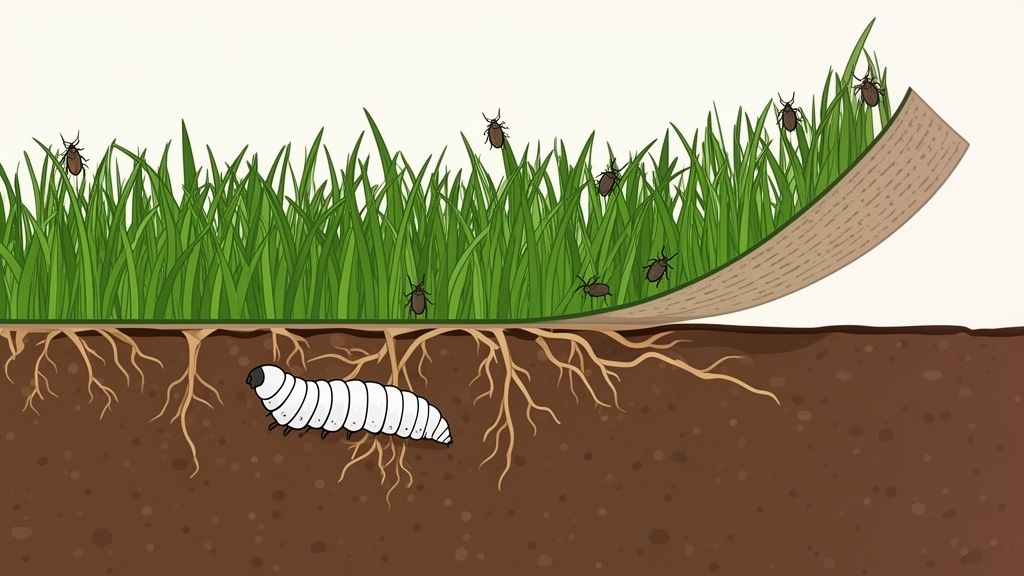 Illustration of common lawn problems showing grubs eating grass roots and beetles on the turf.