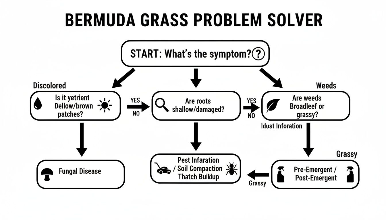 Flowchart for Bermuda grass problem-solving, guiding diagnosis from symptoms like discoloration, shallow roots, or weeds to solutions.
