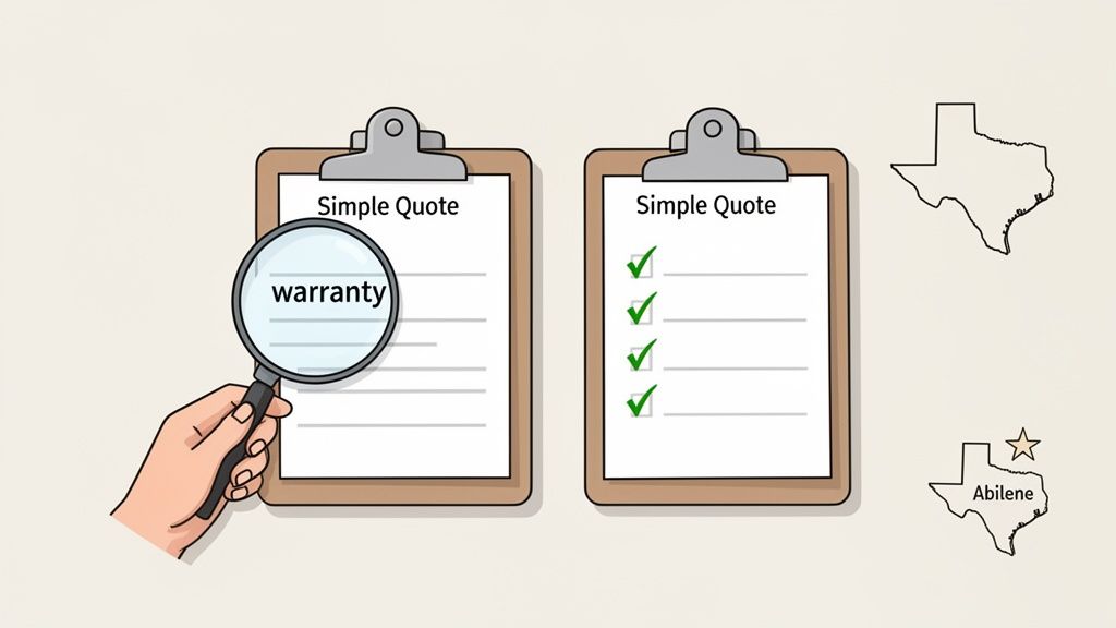 A magnifying glass highlights 'warranty' on a quote, contrasting with a checked quote and a map of Texas.