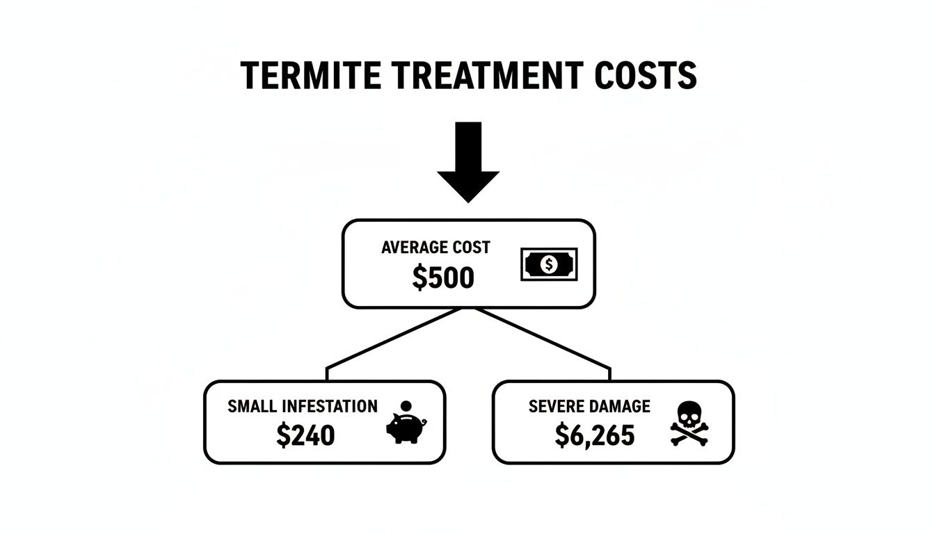 Flowchart detailing termite treatment costs, showing an average of $500, plus specific costs for small infestation and severe damage.