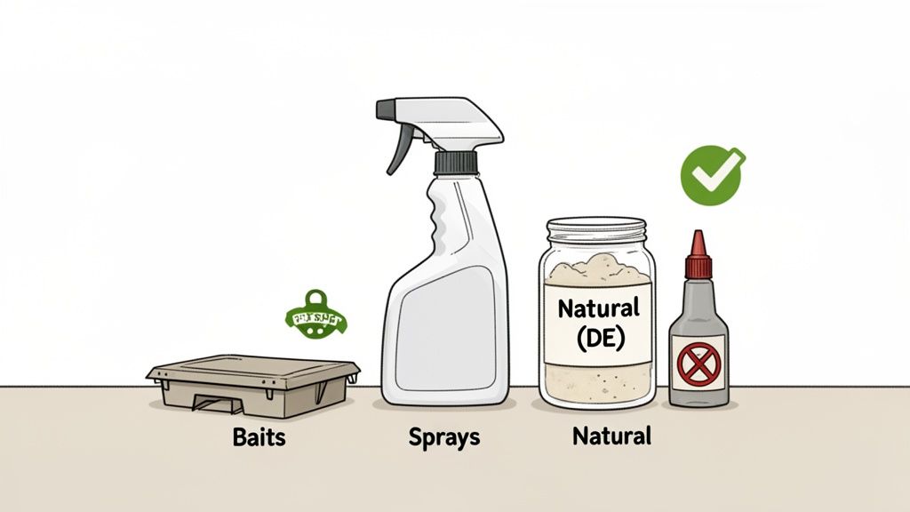 Various pest control methods including baits, sprays, and natural powder, with safety indicators.