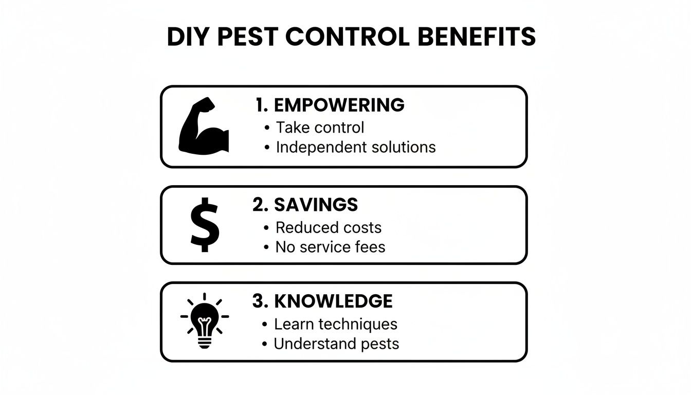 An infographic detailing the benefits of DIY pest control, including empowerment, cost savings, and knowledge.