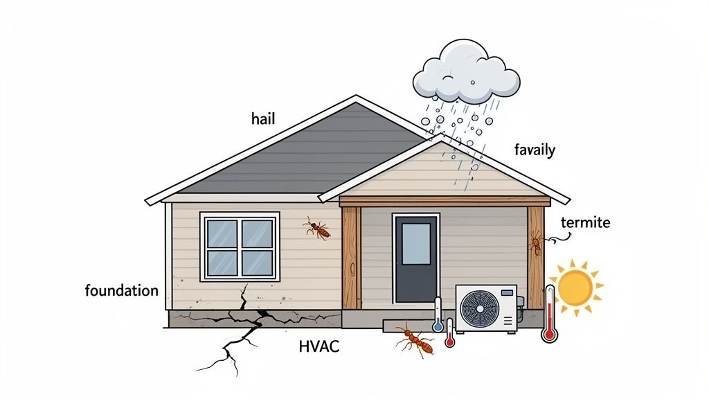Cartoon illustration of a house depicting common home issues like foundation cracks, hail, rain, termites, and an HVAC unit.