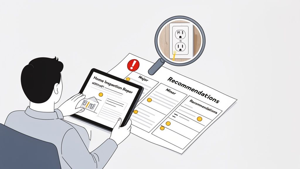 Man reviews a home inspection report on a tablet and paper recommendations, highlighting a faulty electrical outlet.