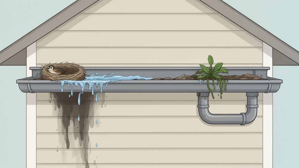 A clogged house gutter filled with a bird's nest, overflowing water, and a growing plant.