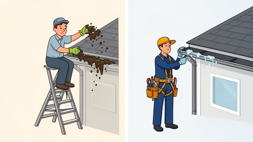 Illustrations show messy, unsafe DIY gutter cleaning versus a professional with proper safety gear.