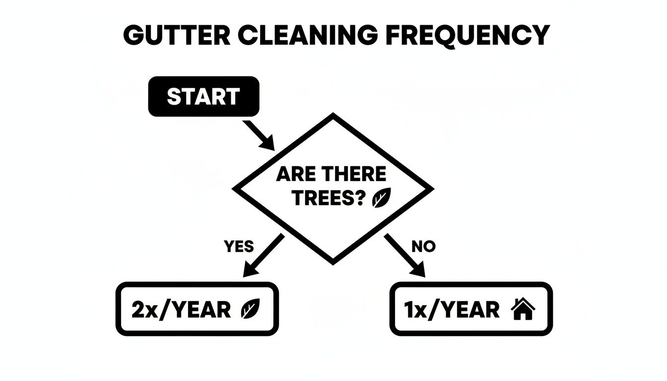 Flowchart illustrating gutter cleaning frequency: twice yearly if trees are present, once yearly if no trees.
