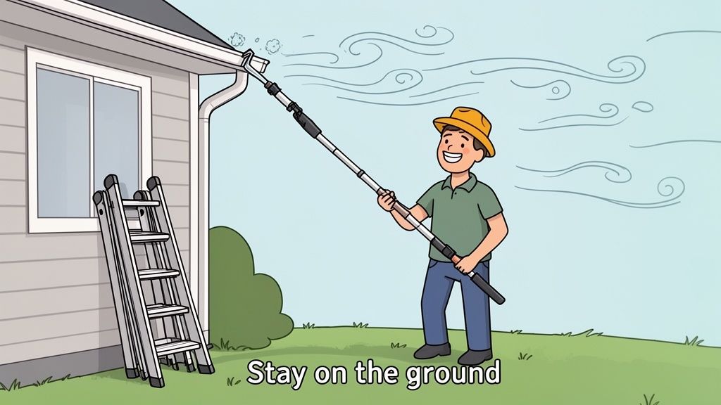 A cartoon man in a hat cleans house gutters with a long-reach tool while standing safely on the ground.