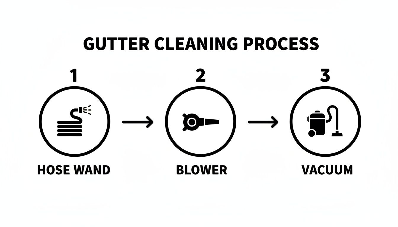 A diagram illustrating a 3-step gutter cleaning process: hose wand, blower, and vacuum.