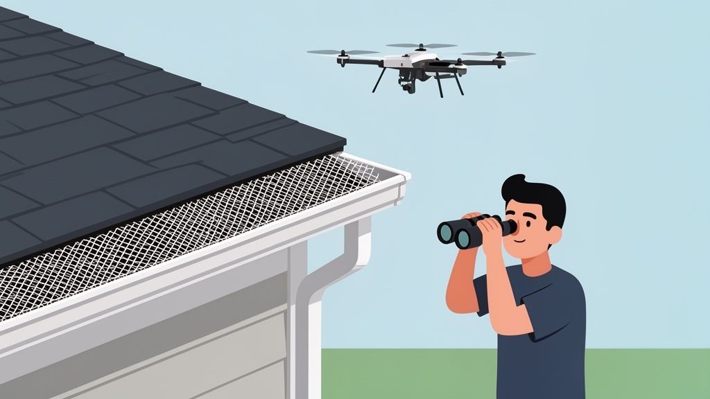 A man uses binoculars to watch a drone inspect a house's roof and gutter guards.