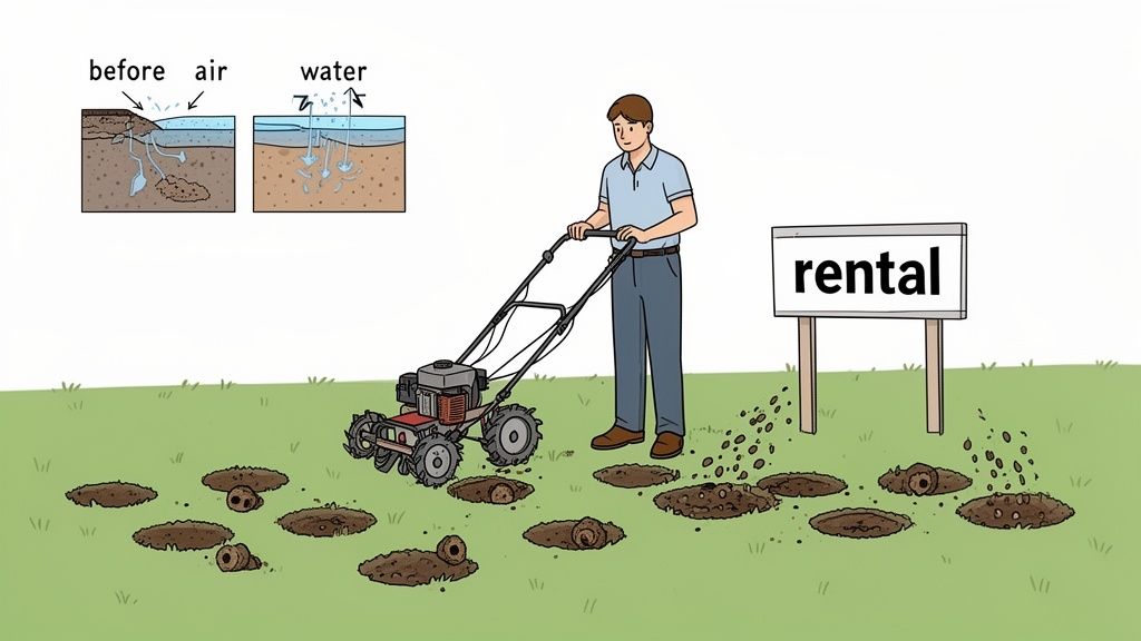 A man uses a lawn aerator, creating many holes and leaving soil plugs, with a soil aeration diagram.