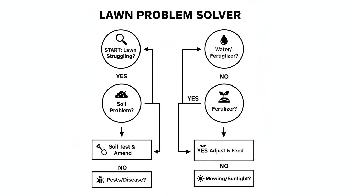 A flowchart titled 'Lawn Problem Solver' outlining steps to diagnose and fix lawn issues.