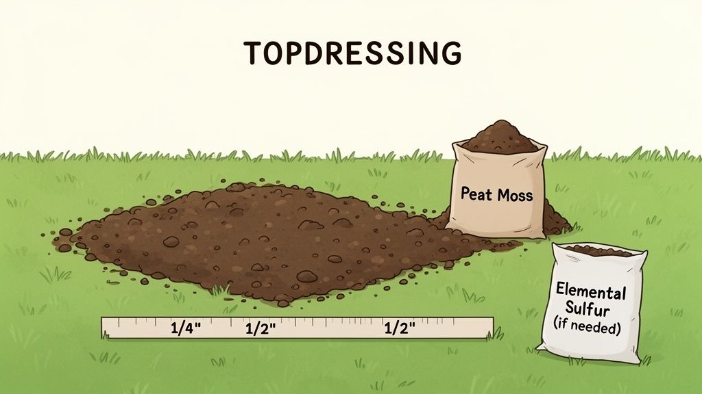 Illustration showing topdressing a lawn with a pile of soil, peat moss, and elemental sulfur, with depth measurements.