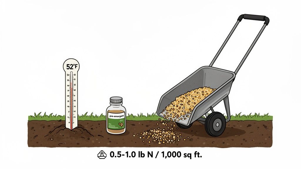 Spring yard preparation showing 52°F soil, pre-emergent product, and fertilizer application from a wheelbarrow.