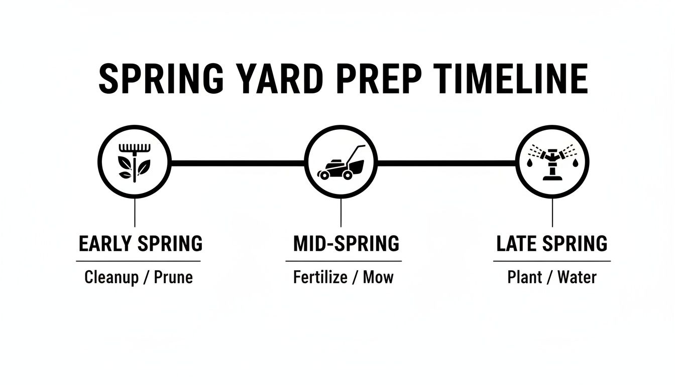 A spring yard prep timeline showing activities for early, mid, and late spring.