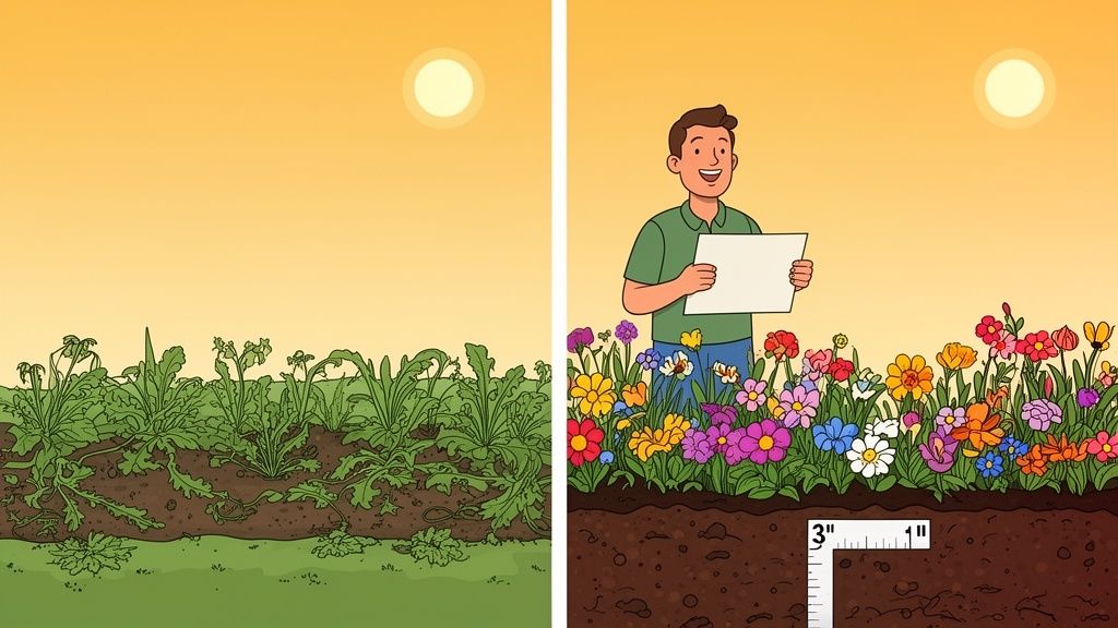 Two panels showing a garden transformation: from a bed overgrown with weeds to vibrant, colorful flowers with a smiling gardener.