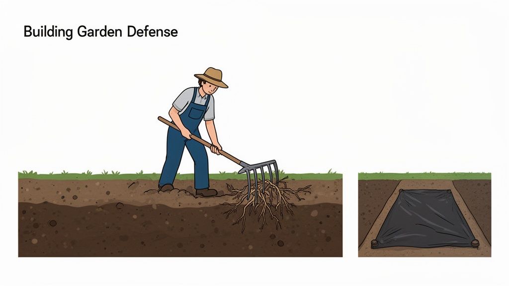 Two illustrations show garden preparation steps: a gardener raking roots from soil and a weed barrier laid in a trench.