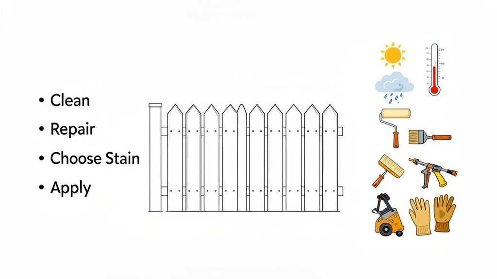 Visual guide outlining steps to stain a wood fence, including tools and weather conditions.