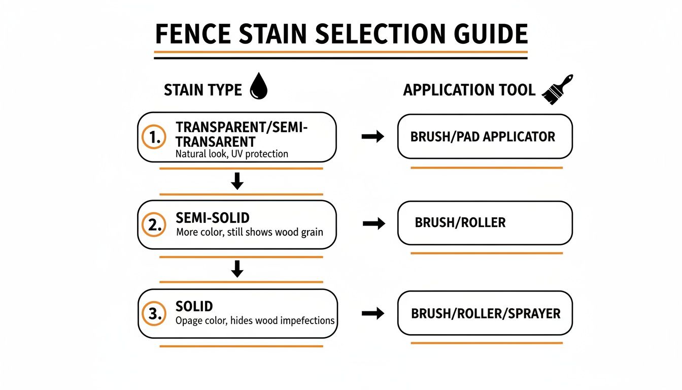 Guide showing fence stain types (transparent, semi-solid, solid) and their recommended application tools.