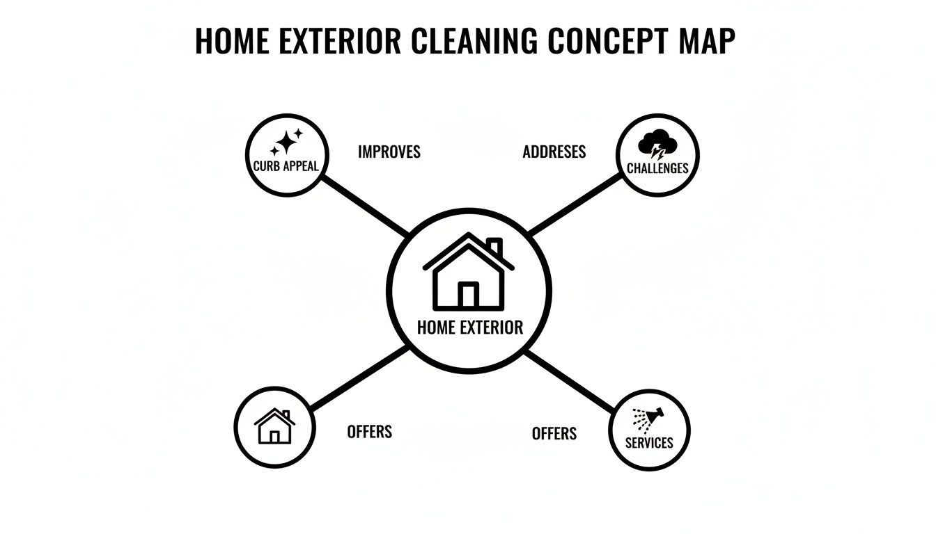 A concept map illustrating aspects of home exterior cleaning, including curb appeal, challenges, and services.