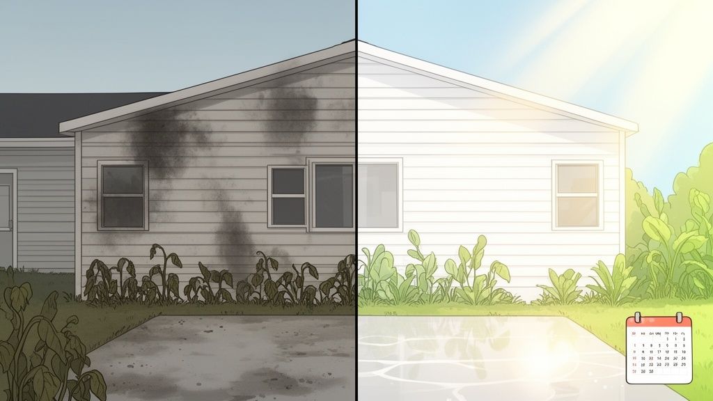 Side-by-side comparison of a dirty house before cleaning and a sparkling clean home after.