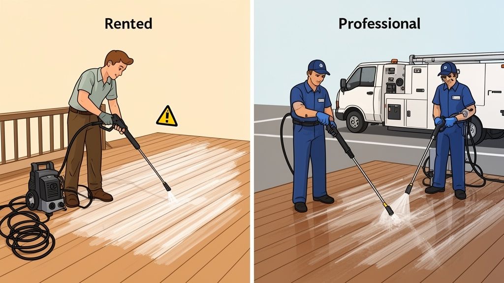 Illustrates the difference between DIY rented power washing and professional exterior cleaning services.