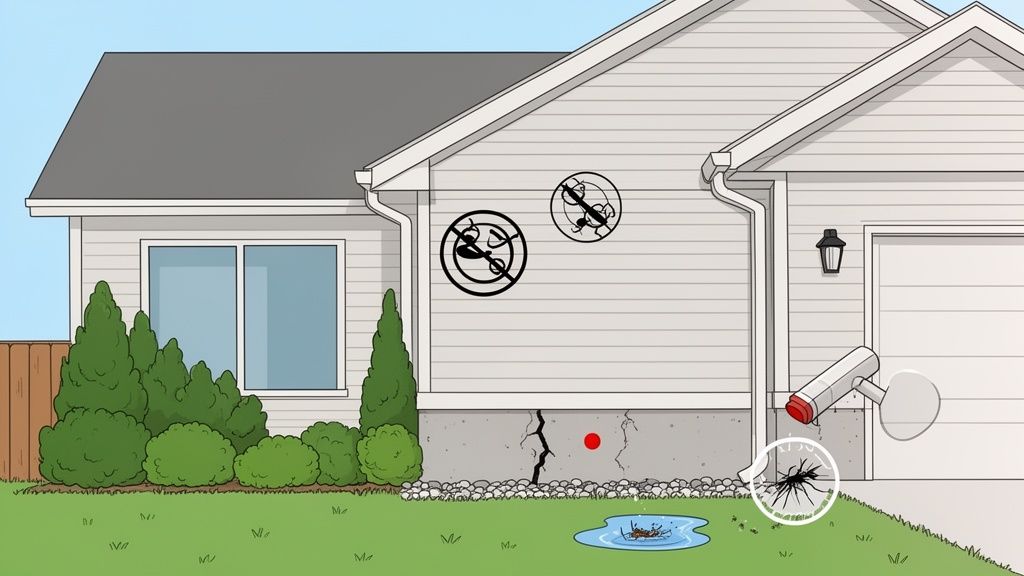 An illustration of a house with pest problems including a cracked foundation, standing water, and insects.
