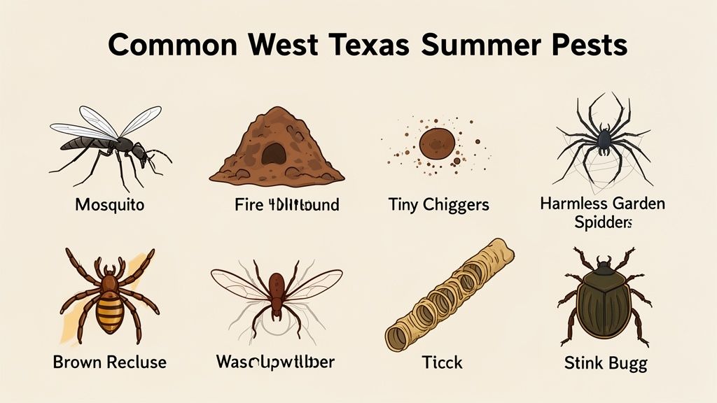 Illustrations of common West Texas summer pests: mosquitoes, fire ants, chiggers, garden spiders, brown recluse, wasps, ticks, and stink bugs.