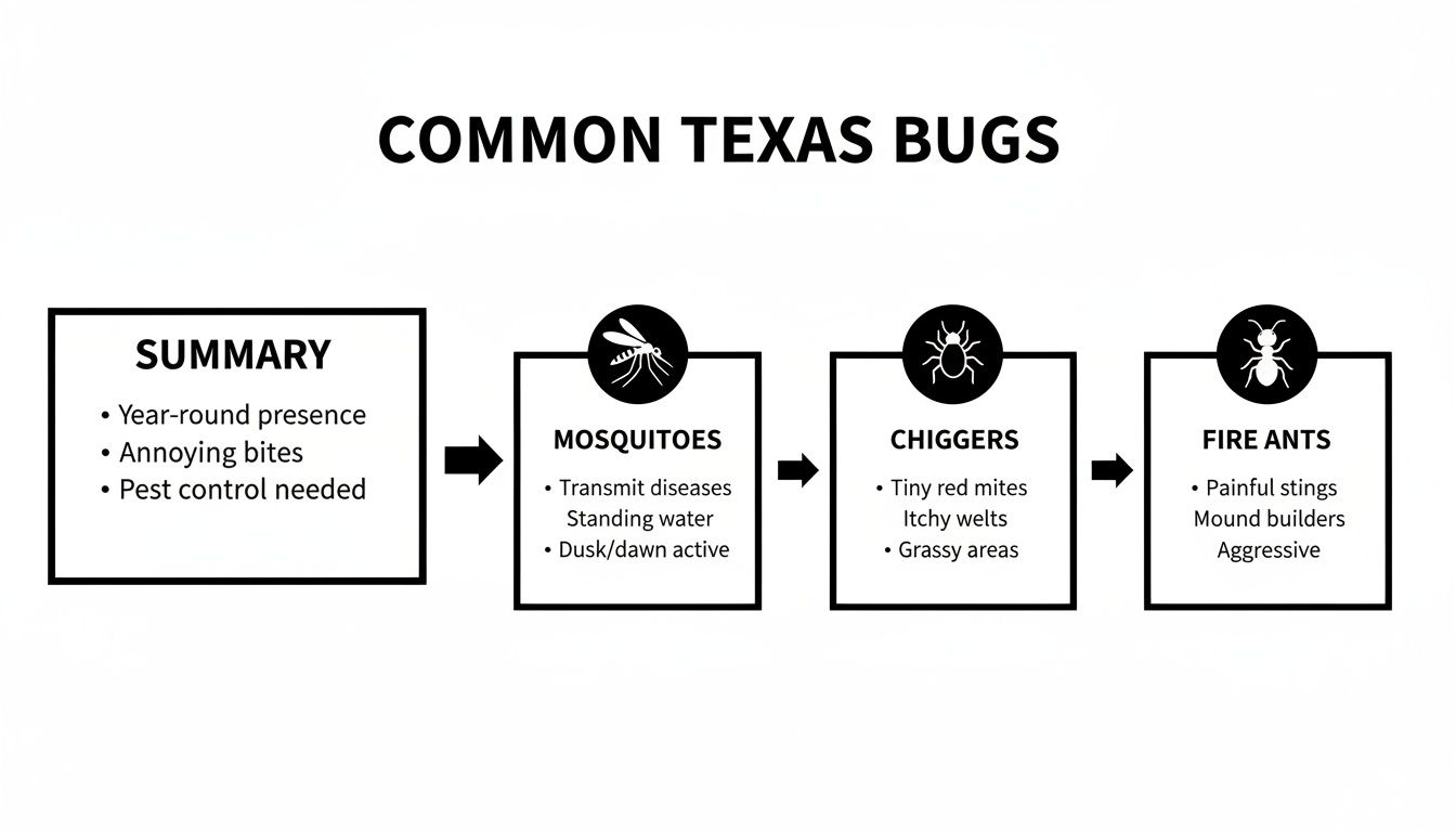 A diagram titled 'Common Texas Bugs' summarizing mosquitoes, chiggers, and fire ants with their characteristics.