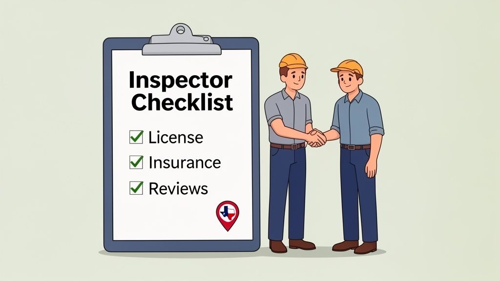 Inspector checklist with checked license, insurance, and reviews. Two men shake hands, with a Texas icon.