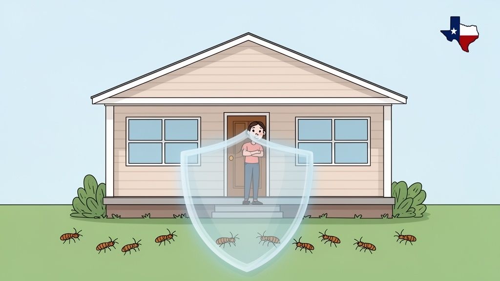 A cartoon house with a person shielded from termites crawling on the grass, with a map of Texas.