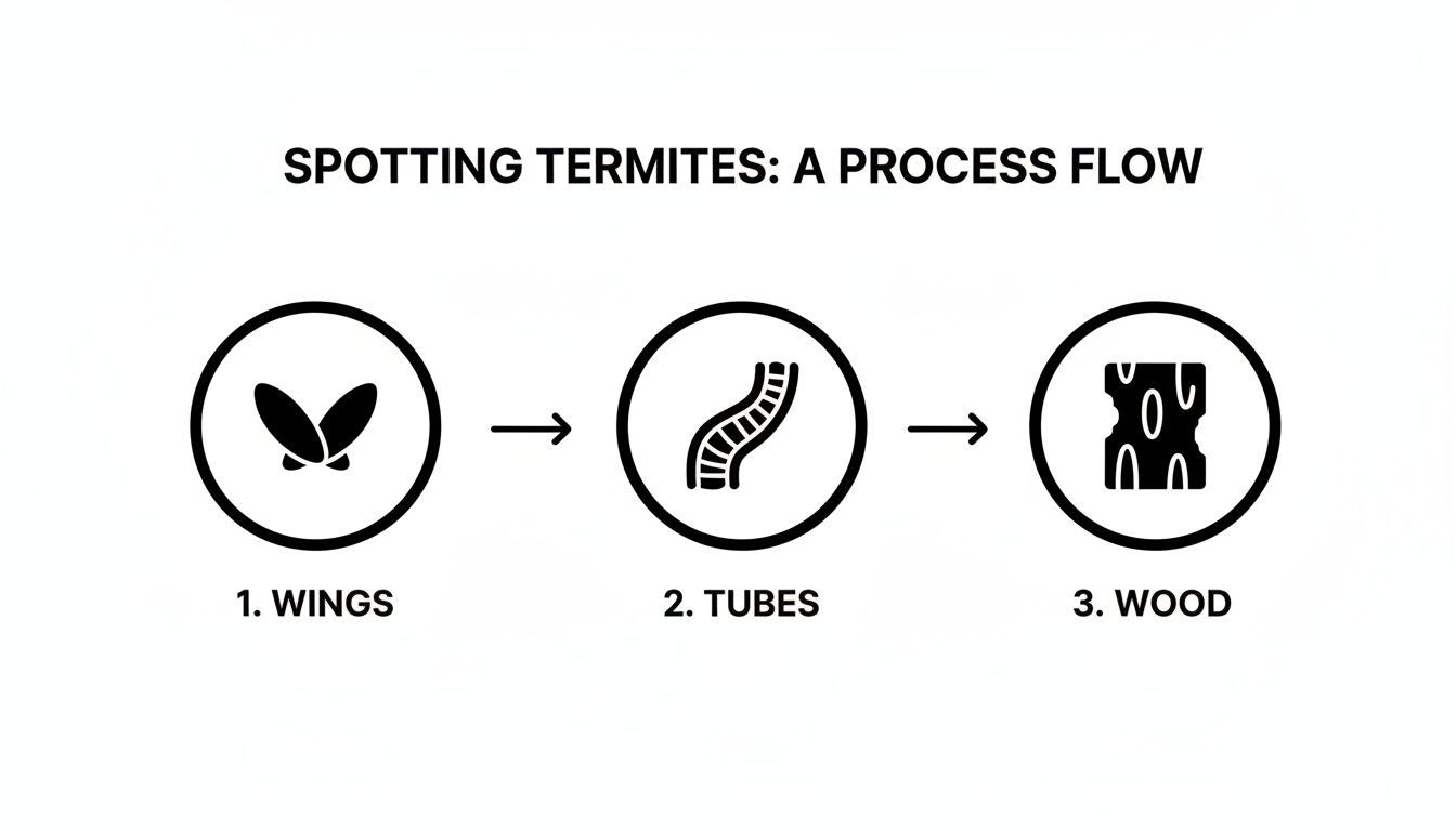 A process flow diagram showing how to spot termites through signs like wings, mud tubes, and wood damage.