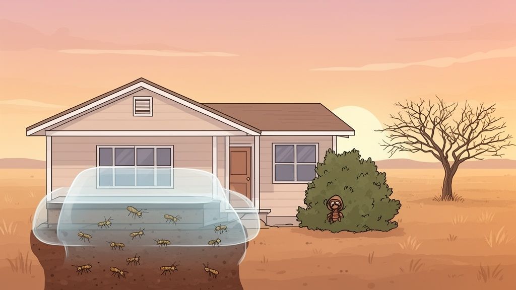 A house with a cross-section revealing a severe termite infestation underneath its foundation, with a character observing.