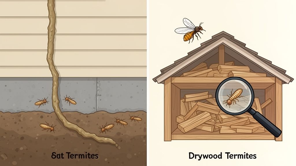 Illustration showing subterranean termites with a mud tube and drywood termites in a woodpile.