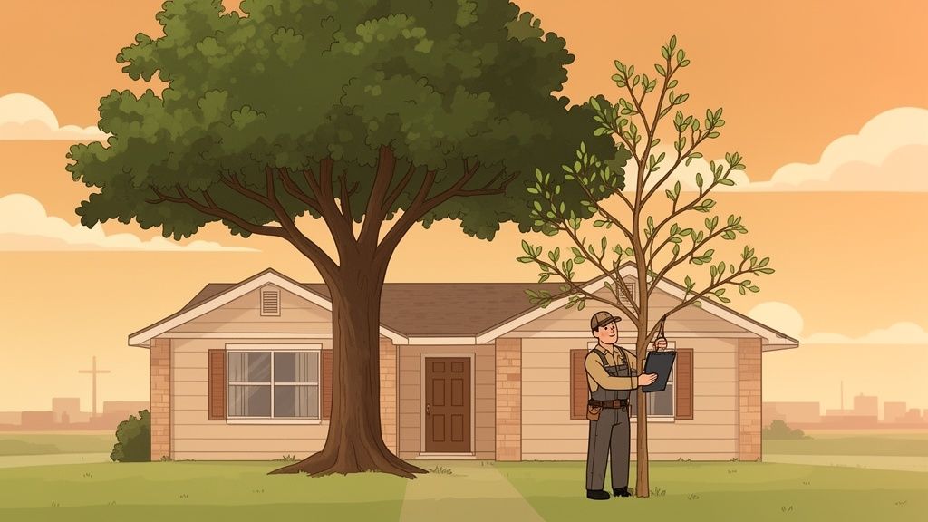 An arborist inspects a small tree in front of a suburban house, with a large tree nearby at sunset.