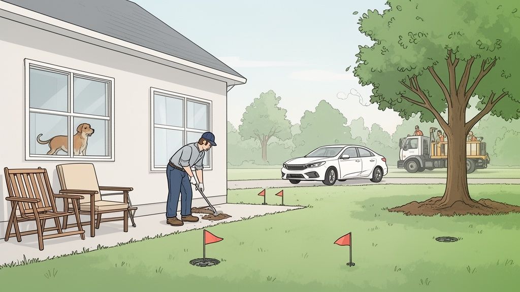 A man digs in a yard with golf flags, a dog looks from a window, and a tree service truck passes.