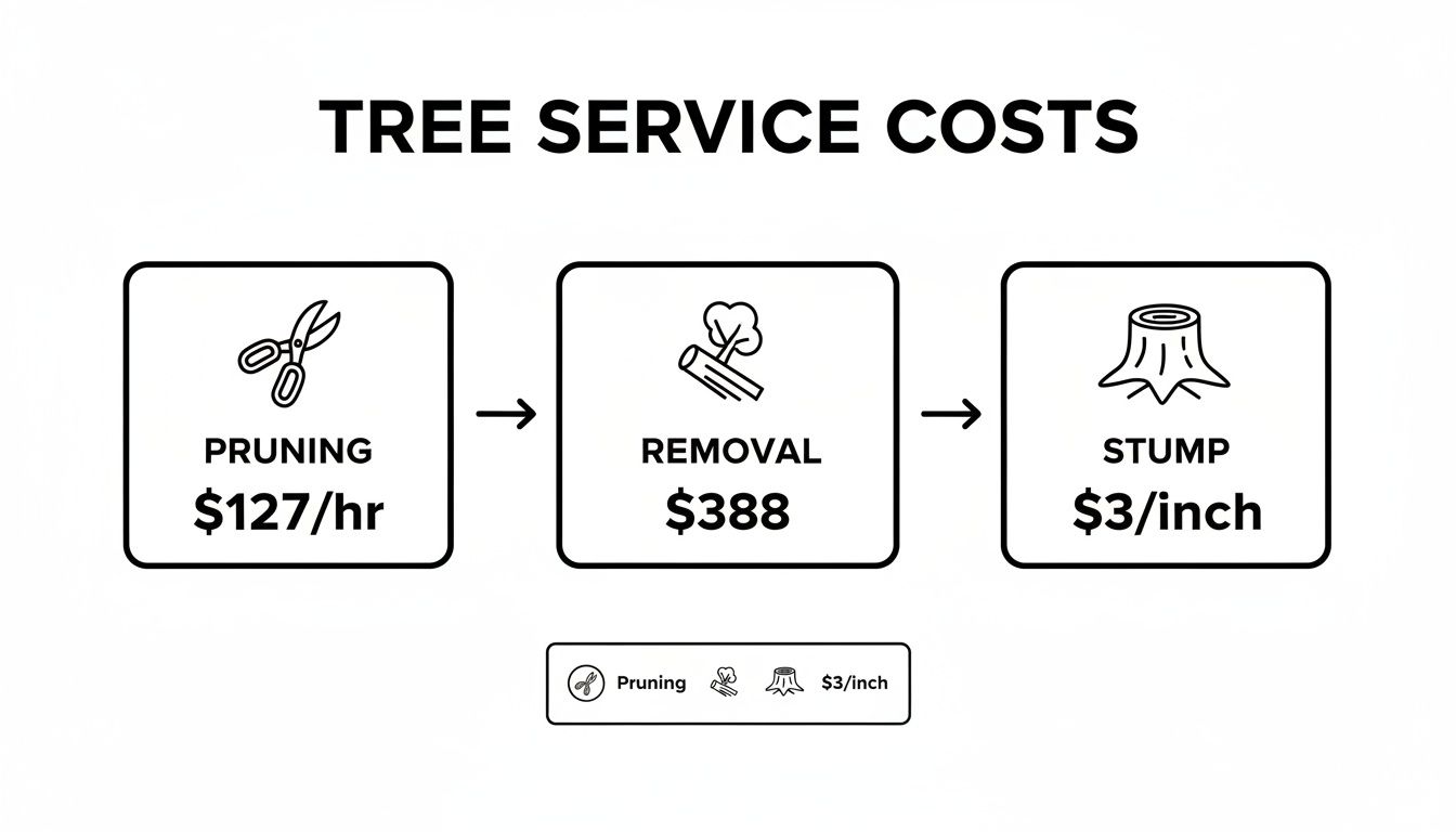 Tree service cost breakdown: pruning at $127/hr, removal at $388, and stump grinding at $3/inch.