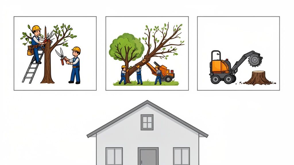 An illustration showing tree trimming, tree removal, and stump grinding services, with a house below.
