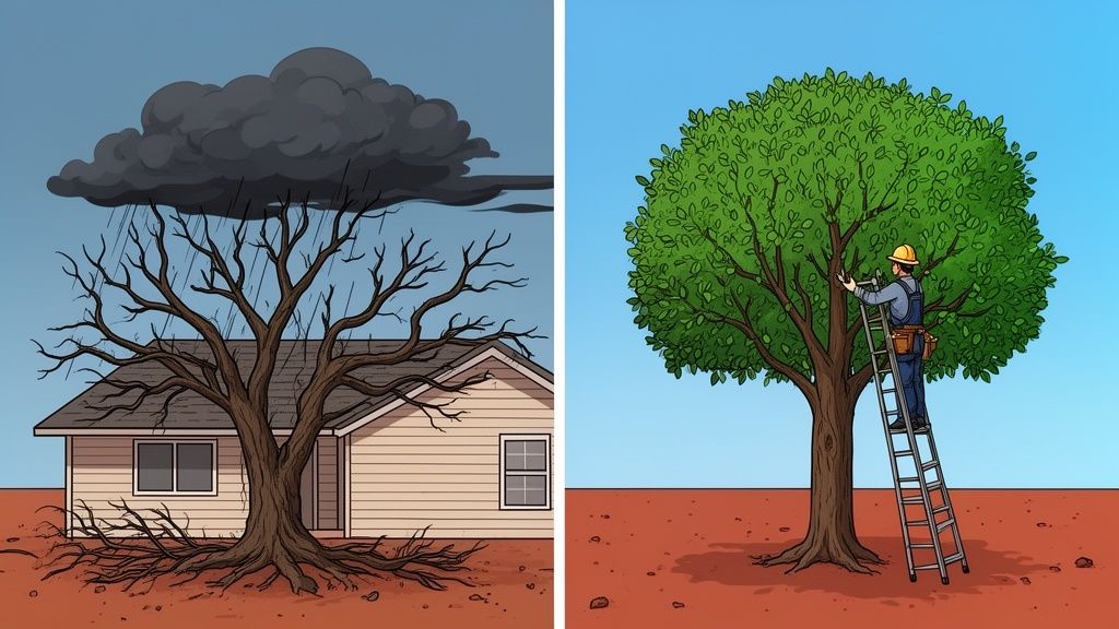 Two panels: a dead tree under a stormy sky versus a healthy tree being pruned by a worker.