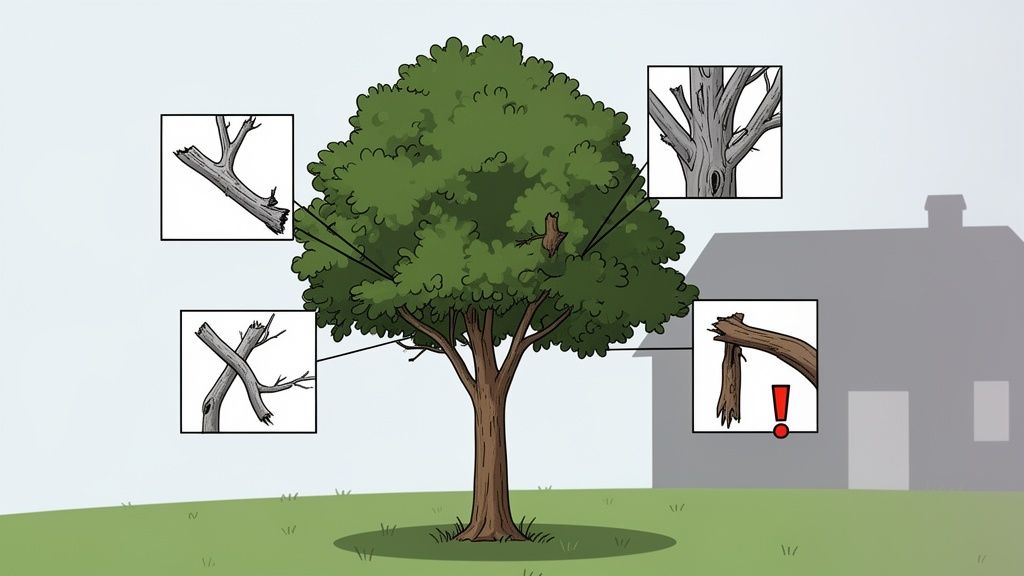 A cartoon illustration showing a tree with various broken or damaged branches, highlighting the need for tree care.