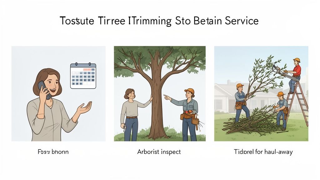 Three panels illustrate a tree trimming service, showing scheduling, arborist inspection, and workers trimming branches.