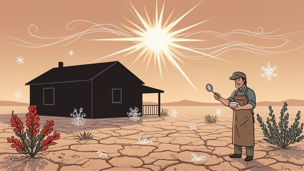 A man with a ladle stands in a cracked desert landscape with a house, bright sun, and falling snowflakes.